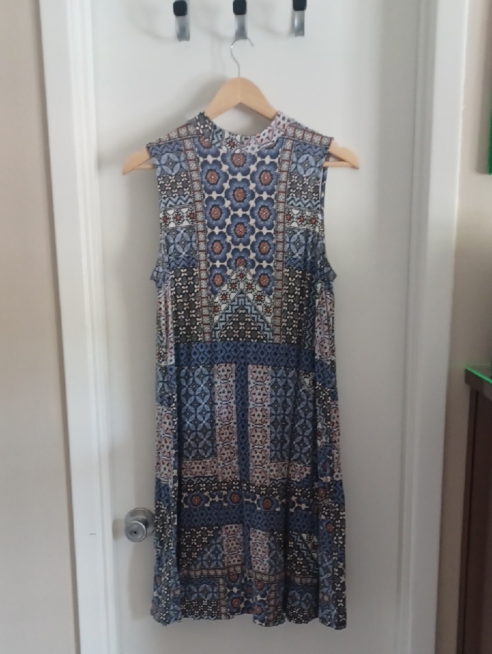 J. Jill Blue and Rusty Orange Sleeveless Mock-Neck Mini Dress